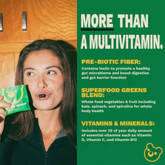 Grüns etiqueta de ingredientes destacando vitaminas y prebióticos