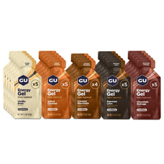GU Energy frente del pack mostrando variedad de sabores y conveniencia