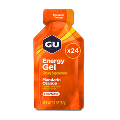 GU Energy caja frontal Mandarin Orange mostrando 24 sobres y facilidad de transporte