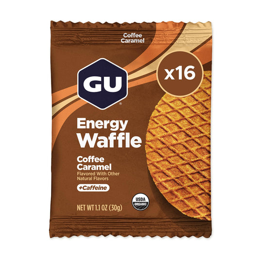 GU Energy paquete frontal mostrando galletas, portátil y listo para carrera