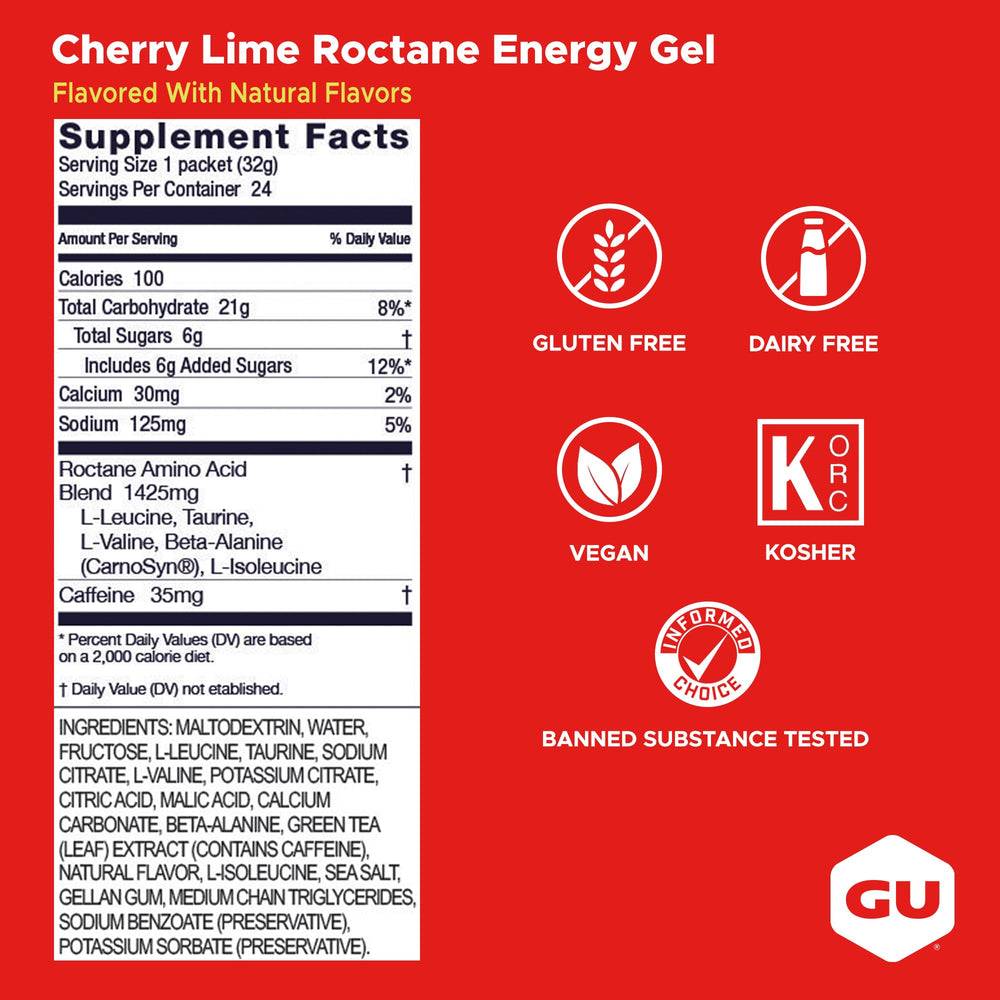 GU Roctane detalle de etiqueta con ingredientes y beneficios nutricionales