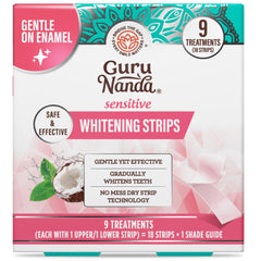 GuruNanda paquete frontal mostrando tiras blanqueadoras y beneficios