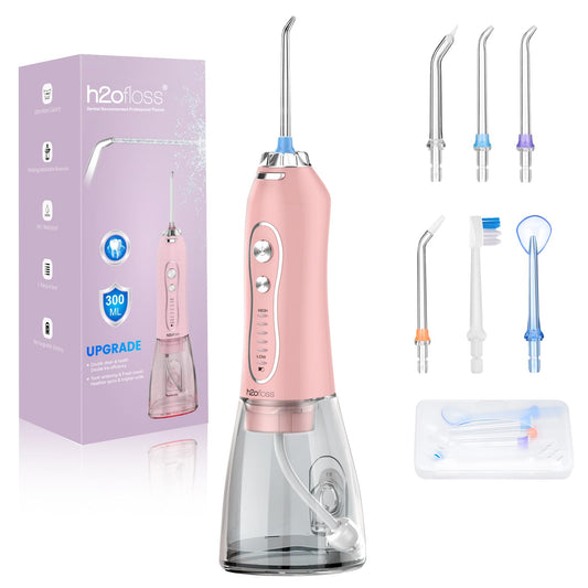H2ofloss frontal del irrigador rosa mostrando diseño portátil y elegante