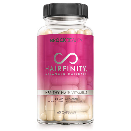 Hairfinity frente del envase mostrando diseño y cantidad para un mes