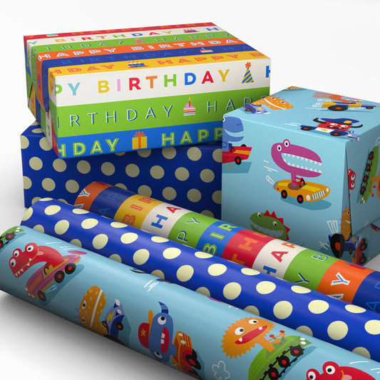 Hallmark paquete frontal con tres mini rollos mostrando diseños festivos y ahorro de espacio
