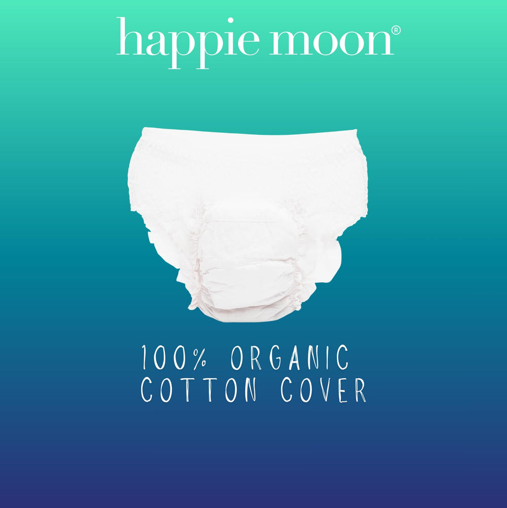 Happie Moon comparación de tamaño mostrando ajuste juvenil y cobertura extendida