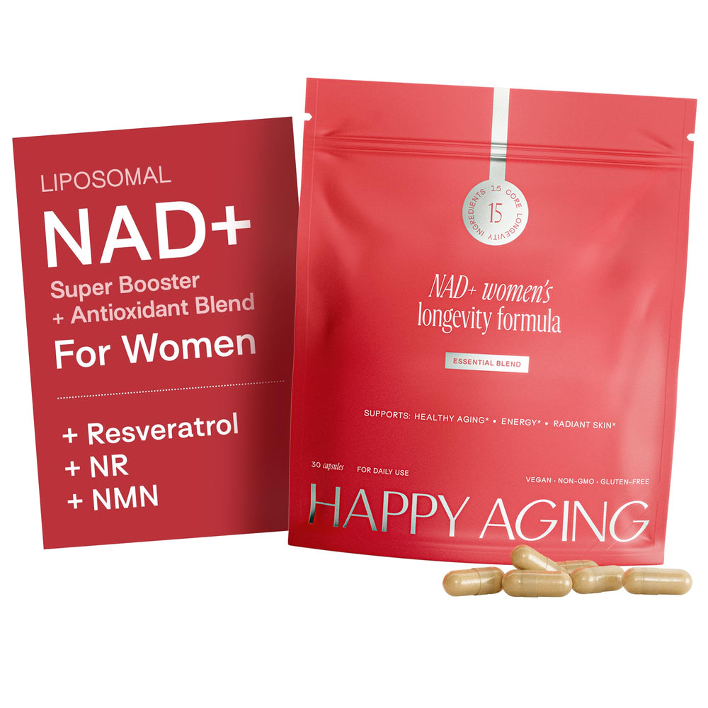 Happy Aging frontal del paquete mostrando diseño y tamaño práctico