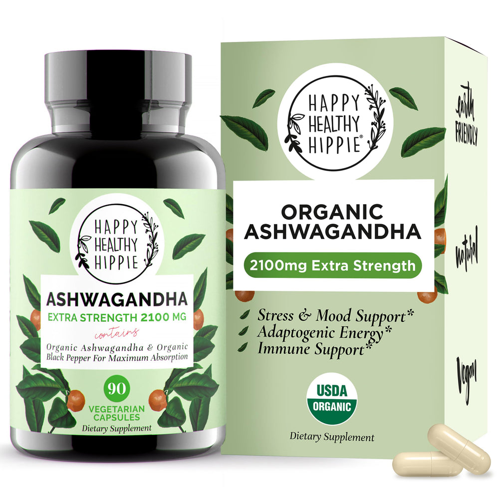 Happy Healthy Hippie frente del frasco mostrando cápsulas y beneficio de fuerza extra