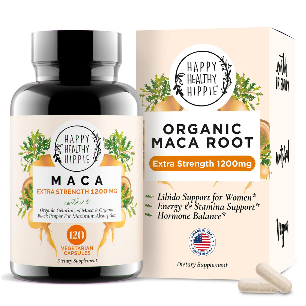 Happy Healthy Hippie frasco frontal mostrando 120 cápsulas y claridad del producto
