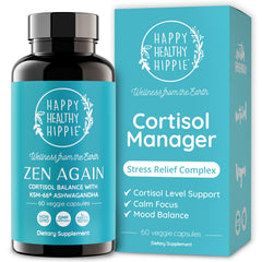 Happy Healthy Hippie frontal del empaque mostrando 60 cápsulas y beneficios declarados