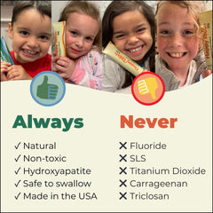 Happy Tooth etiqueta con 10% hidroxiapatita visible para confianza y transparencia