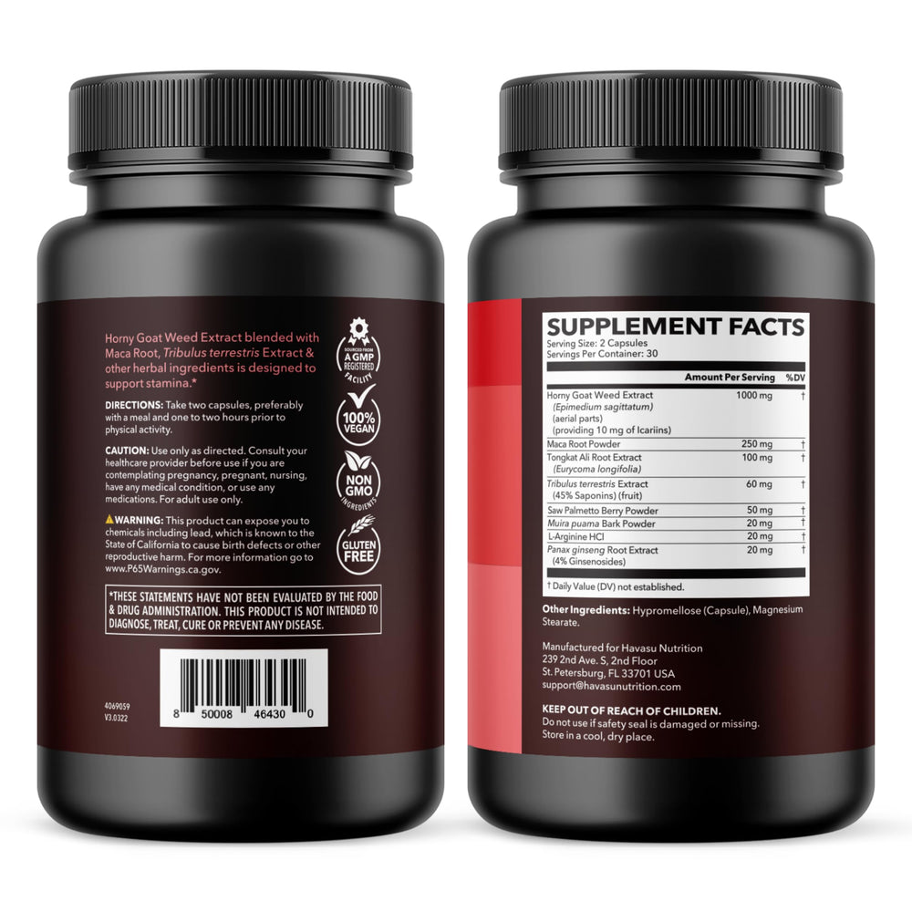 HAVASU NUTRITION closeup de Horny Goat Weed, Maca y Tongkat Ali destacando la mezcla herbal