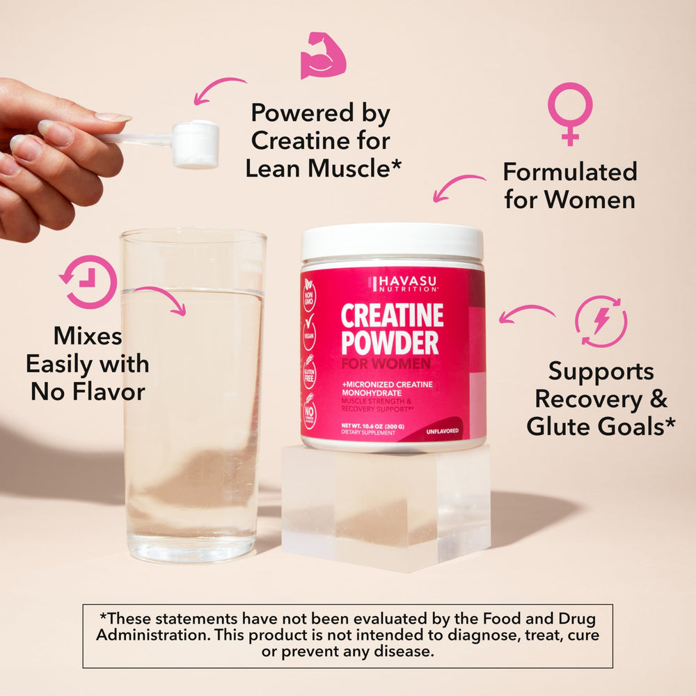 HAVASU NUTRITION Creatine for Women daily-use powder in a glass.