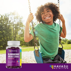 Travel-friendly HAVASU NUTRITION Elderberry Gummies for Kids bottle in a bag.