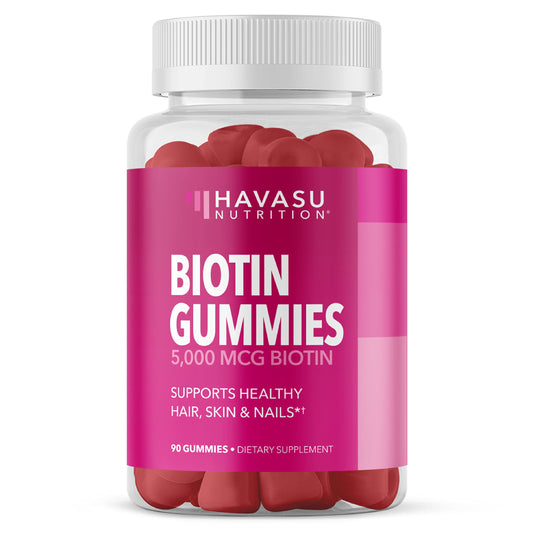 Envase HAVASU NUTRITION Biotin 5000 mcg frente con 90 gomitas, presentación clara