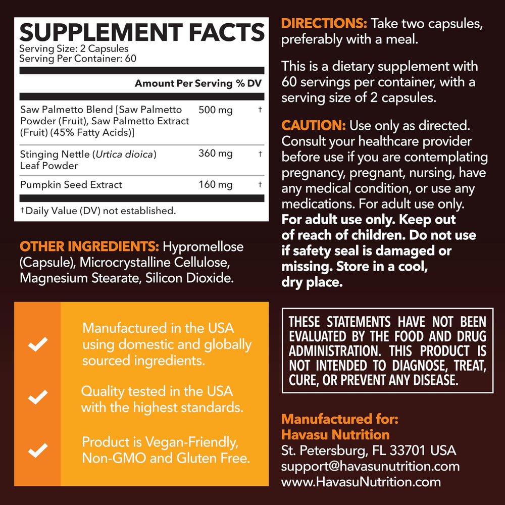 Capsulas de Saw Palmetto HAVASU NUTRITION en primer plano, fácil de tragar y veganas