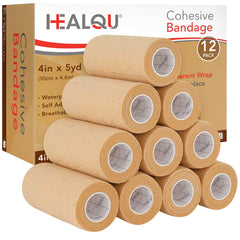 Healqu embalaje frontal mostrando 12 rollos y medidas, facilidad de almacenamiento