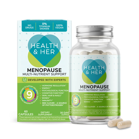 Health & Her frente del envase mostrando la marca y el tamaño del producto como apoyo diario