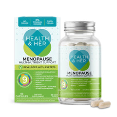 Health & Her frente del envase mostrando la marca y el tamaño del producto como apoyo diario