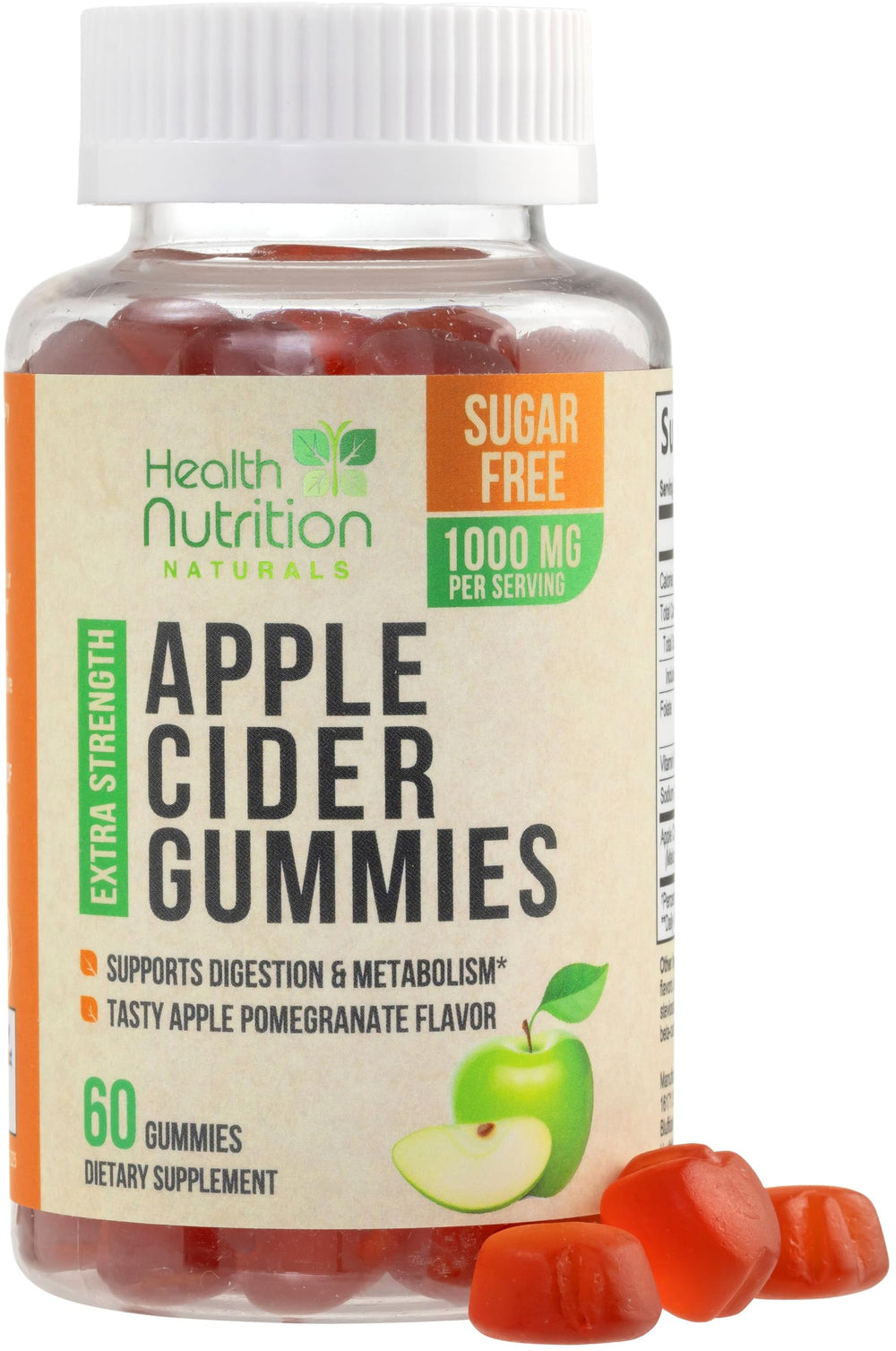 Health Nutrition Naturals envase frontal mostrando gomitas sin azúcar y beneficios