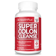 Health Plus frasco delantero mostrando 120 cápsulas y beneficios para regularidad