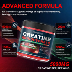 Health4All Creatina Monohidrato Gomitas etiqueta clara para identificación rápida y dosis.