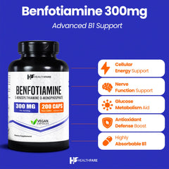 Healthfare Benfotiamina 300mg, botella de cápsulas con absorción mejorada.