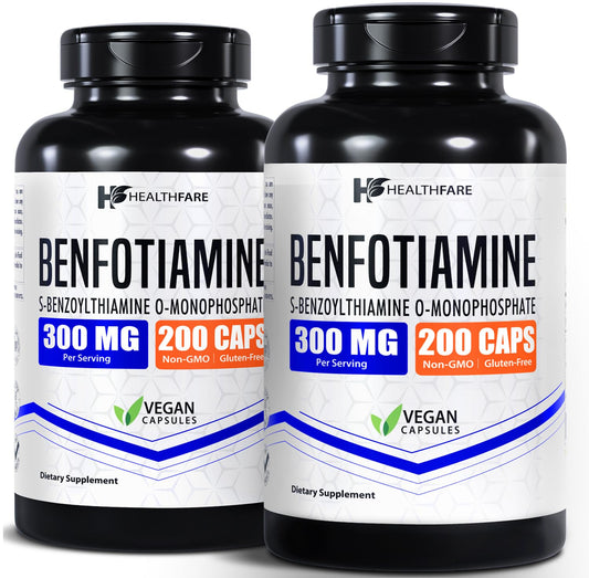 Healthfare Benfotiamina 300 mg: botella para uso diario y apoyo general de la salud
