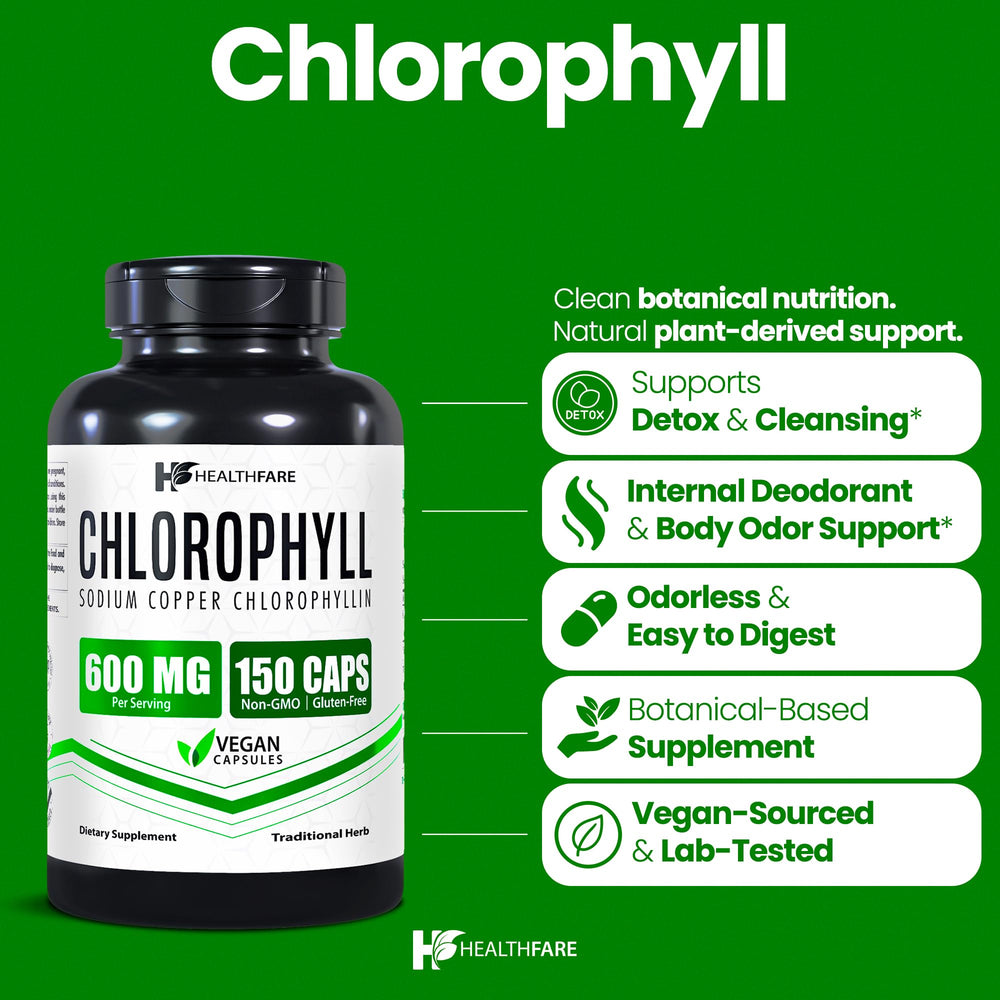 Healthfare clorofila capsulas 600 mg, botella para consumo diario conveniente.