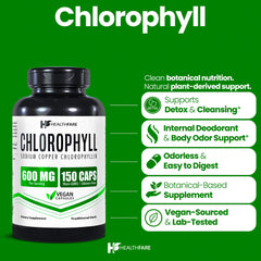 Healthfare clorofila capsulas 600 mg, botella para consumo diario conveniente.