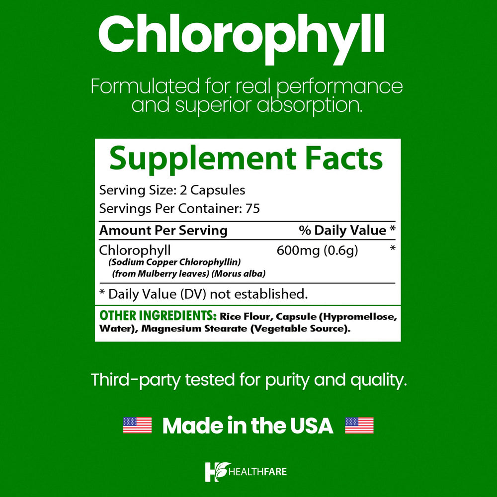 Healthfare clorofila capsulas 600 mg, etiqueta frontal facilita reconocimiento y dosis.