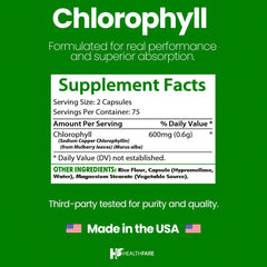 Healthfare clorofila capsulas 600 mg, etiqueta frontal facilita reconocimiento y dosis.