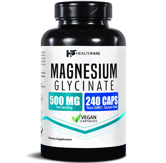 HealthFare Magnesio glicinato 500mg, cápsulas veganas, uso diario para bienestar general.