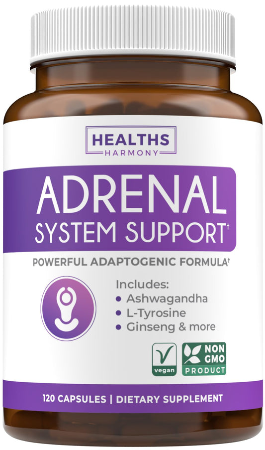 Healths Harmony envase frontal mostrando 120 cápsulas y beneficio de soporte adrenal