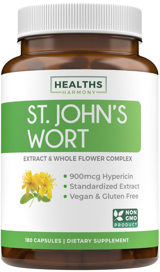 Healths Harmony St John's Wort capsules 900mcg per serving for daily use.