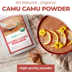 Healthworks Superfoods batido preparado con camu camu añadiendo sabor cítrico refrescante