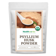 Healthworks Superfoods envase frontal mostrando psyllium orgánico y beneficio de fibra fácil