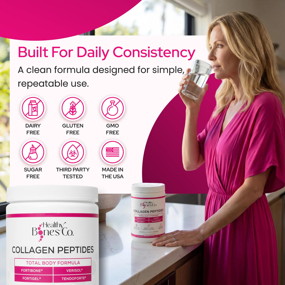 Healthy Bones Co. etiqueta con FORTIBONE® FORTIGEL® VERISOL® TENDOFORTE® visibles