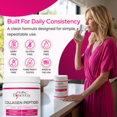 Healthy Bones Co. etiqueta con FORTIBONE® FORTIGEL® VERISOL® TENDOFORTE® visibles