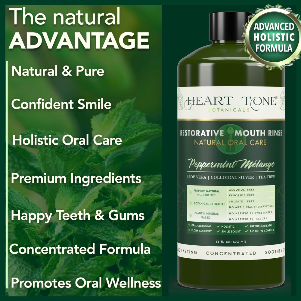 Heart Tone Botanicals etiqueta con ingredientes, muestra plata y extractos botánicos