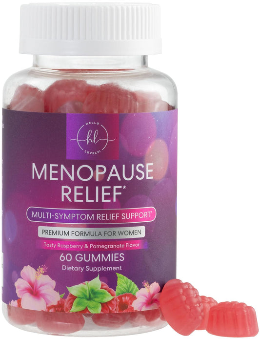 Hello Lovely! envase frontal claro que muestra 60 gummies para menopausia y comodidad diaria