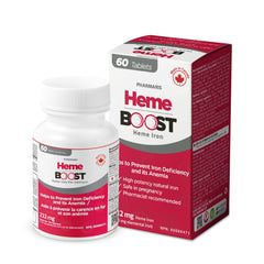 HEME BOOST envase frontal mostrando 60 comprimidos y beneficio de alta absorción