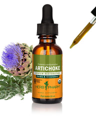 Herb Pharm frasco delantero mostrando extracto líquido y sello orgánico beneficios visuales