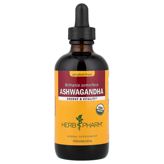 Herb Pharm botella frontal de Ashwagandha, presentación 4 oz y etiqueta clara