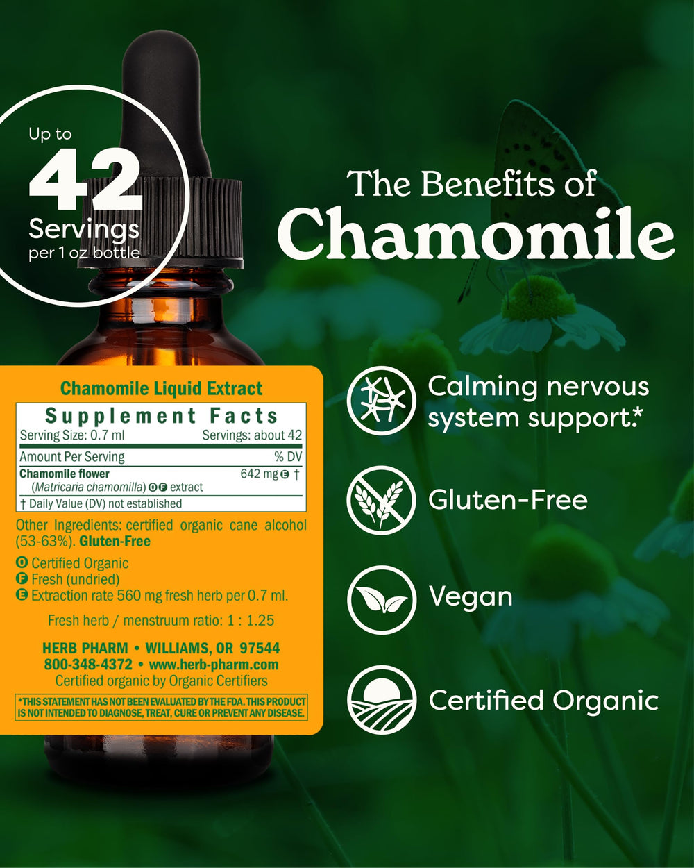 Detalle de flor de manzanilla Herb Pharm que resalta pureza orgánica