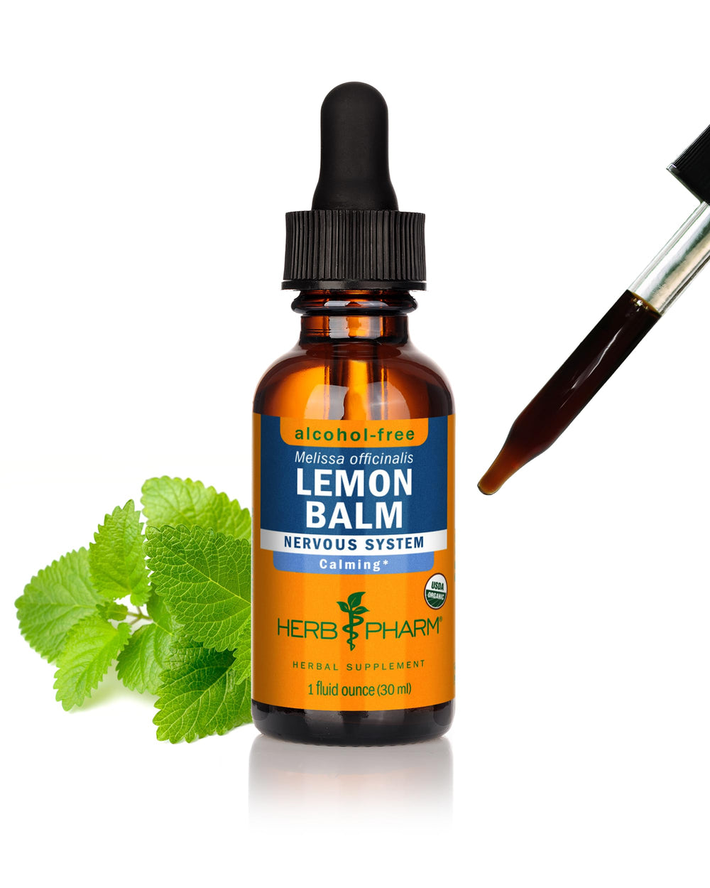 Herb Pharm vista frontal de botella con etiqueta clara y orgánica, confianza en calidad