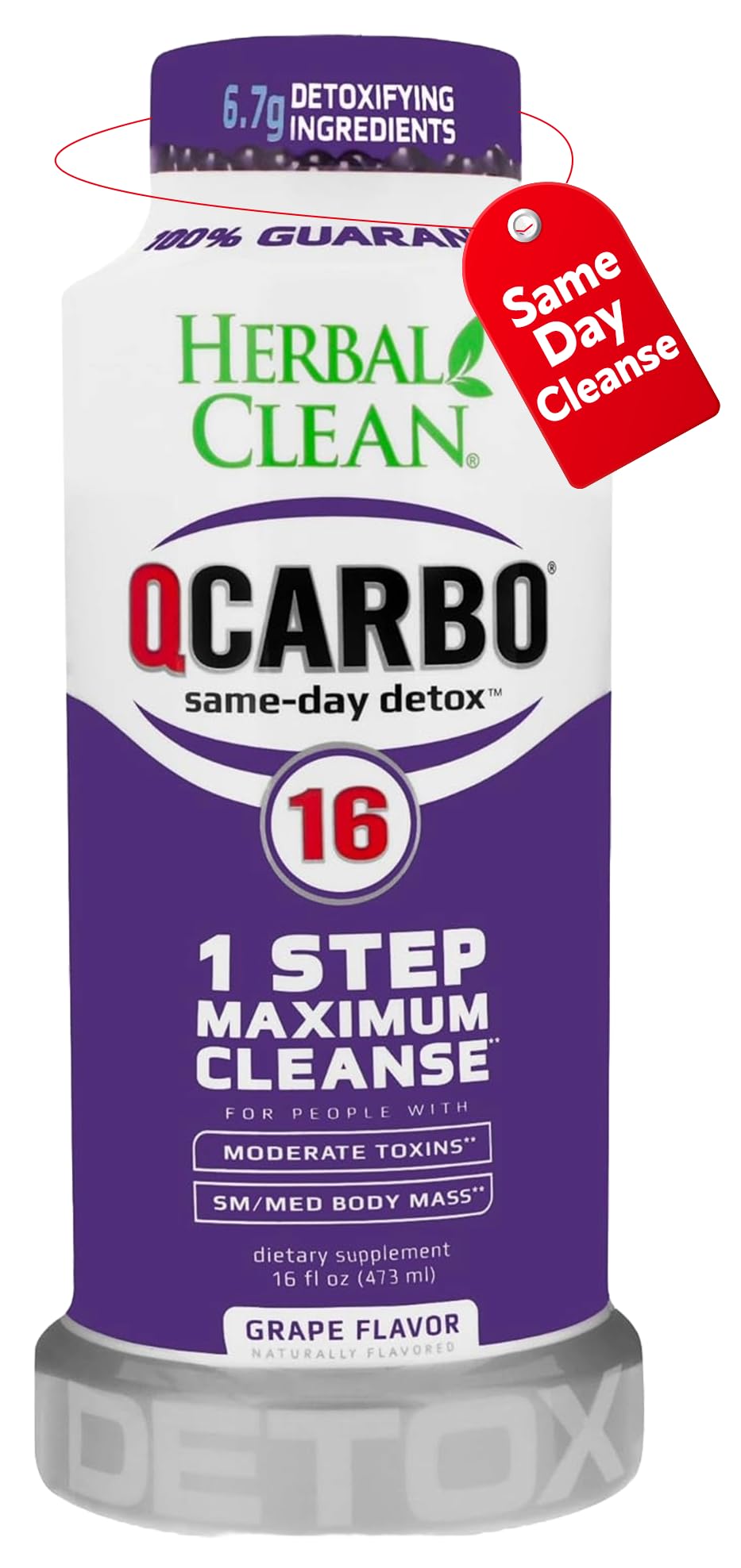 Herbal Clean Qcarbo16 frente de la botella mostrando diseño y tamaño útil