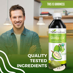 Herbal Goodness gotas en vaso con agua para mezcla rápida y sabor suave