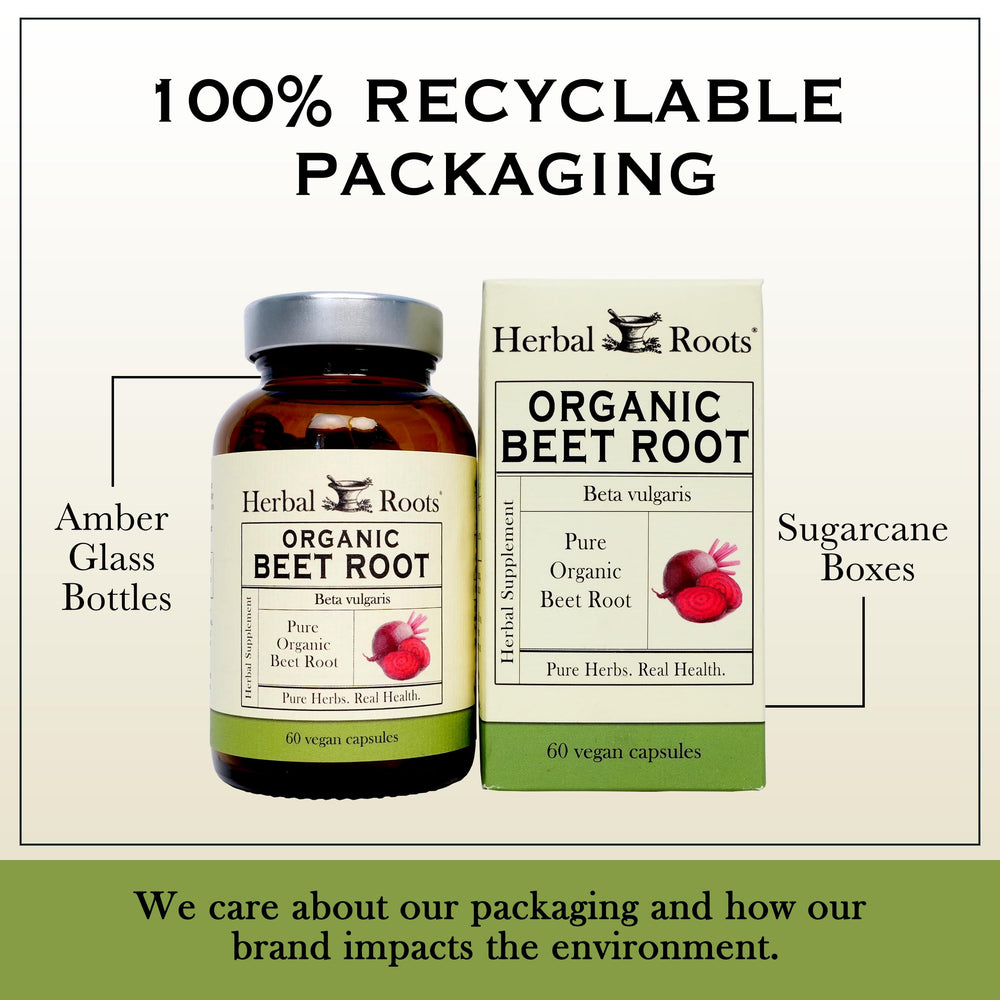 Etiqueta Herbal Roots con certificación USDA Organic y sello de pruebas de terceros, respaldo visible