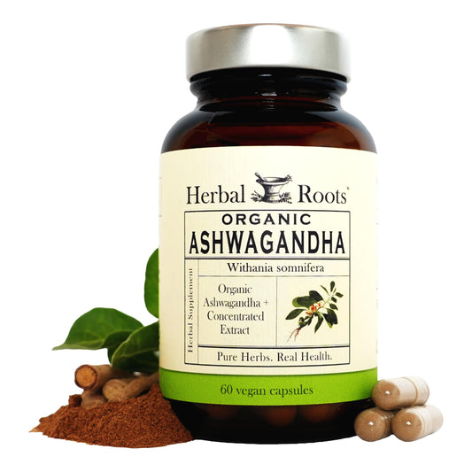Herbal Roots frasco frontal mostrando etiqueta orgánica y beneficio de pureza